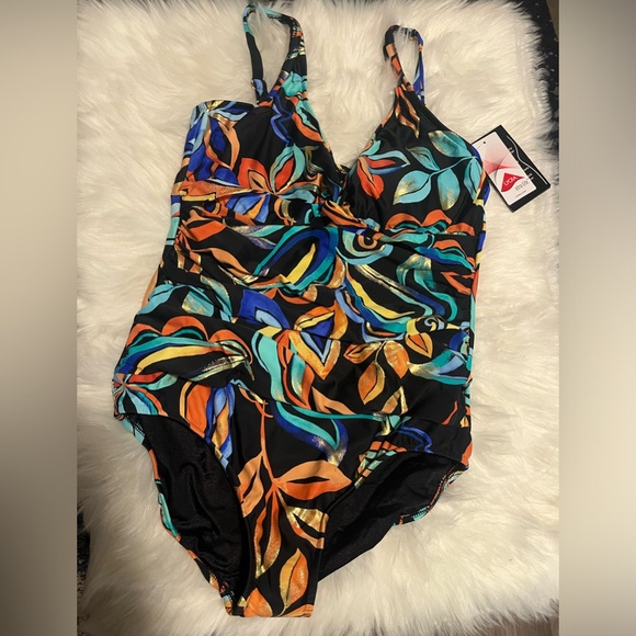 Maxine Of Hollywood Women's V-Neck Twist Front Shirred One Piece Swimsuit - Picture 3 of 6